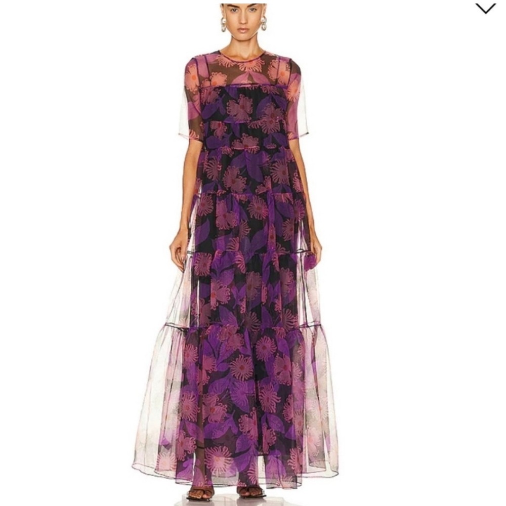 Staud Hyacinth Crepe Organza Tiered Maxi Dress in Quartz Acid Floral